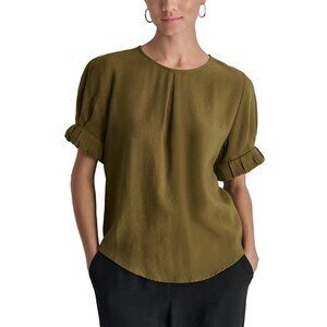 DKNY Women's Puff-Sleeve Pleated Top in Dark Olive Green Size M MSRP $79